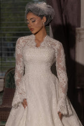 Romantic White V-Neck A-Line Lace Long Sleeves Sweep Train Velour Wedding Dresses With Appliques